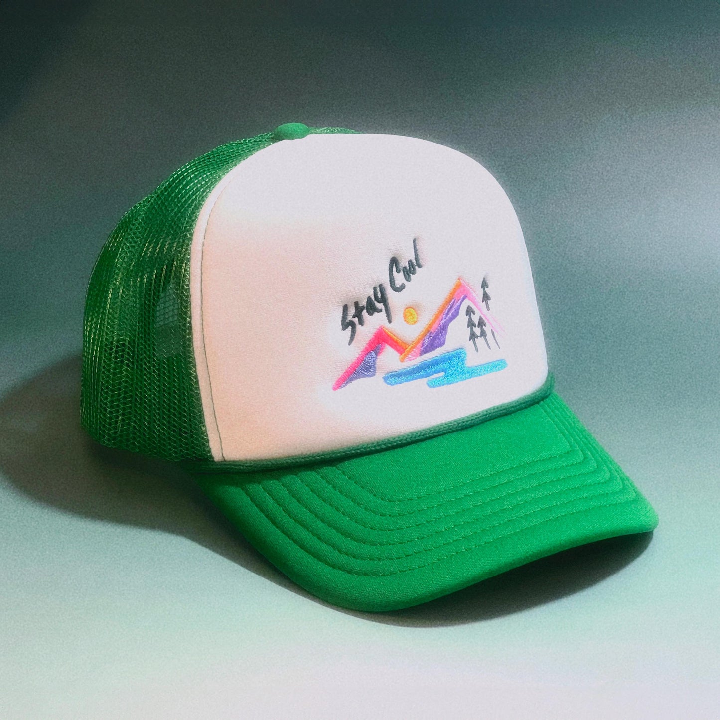 90s Landscape Retro Foam Trucker Cap: Embroidered Nature Design