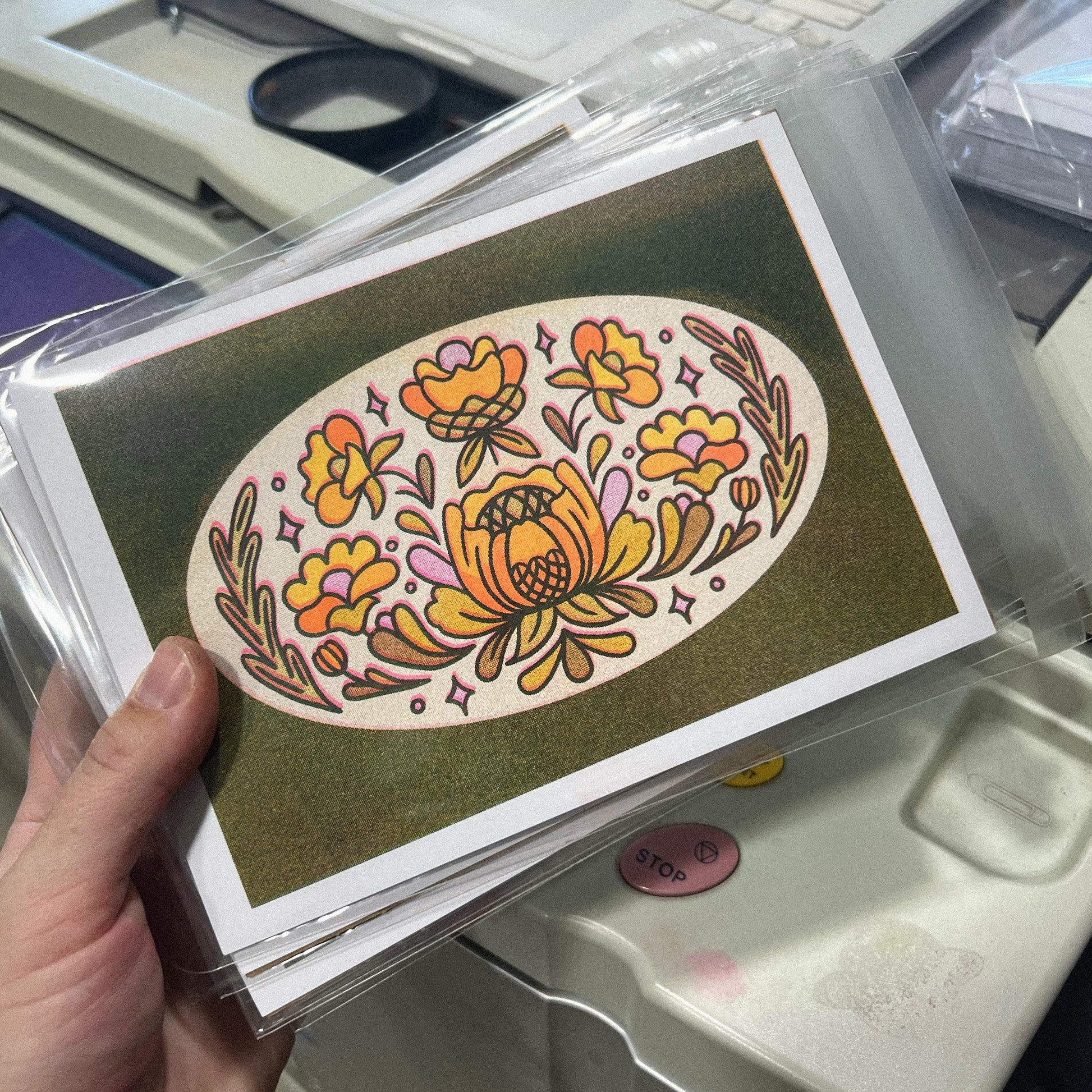 Retro Floral 60s Illustration 5x7 Risograph Print